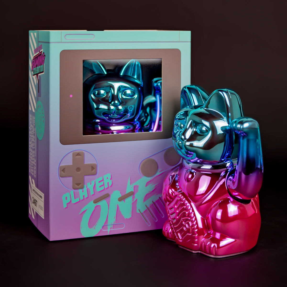 Donkey Products Lucky Cat Player One Winkekatze shiny blue/pink 15cm - Produktbild 4