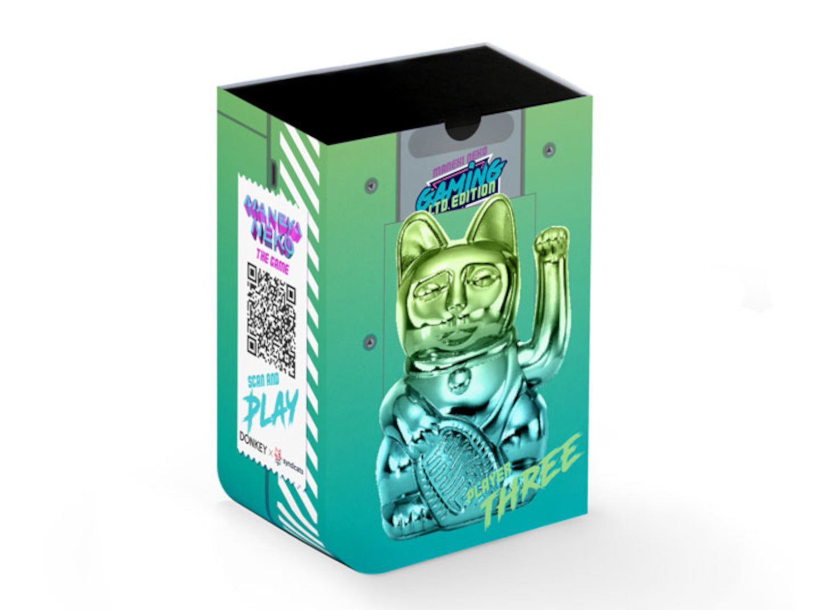 Donkey Products Lucky Cat Player Three Winkekatze shiny green/blue 15cm - Produktbild 2