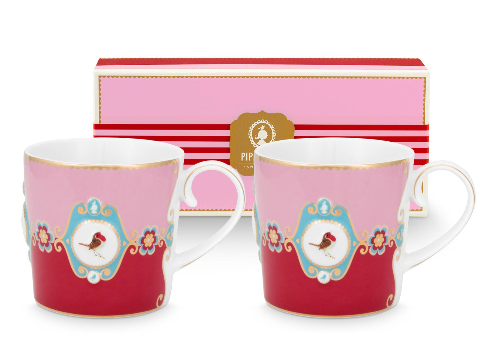 PIP STUDIO Love Birds Medallion Red-Pink Henkelbecher Small 0,15l Set2
