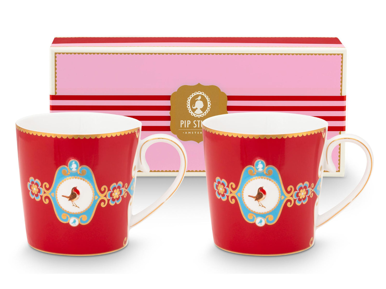 PIP STUDIO Love Birds Medallion Red Henkelbecher Large 0,25l Set2