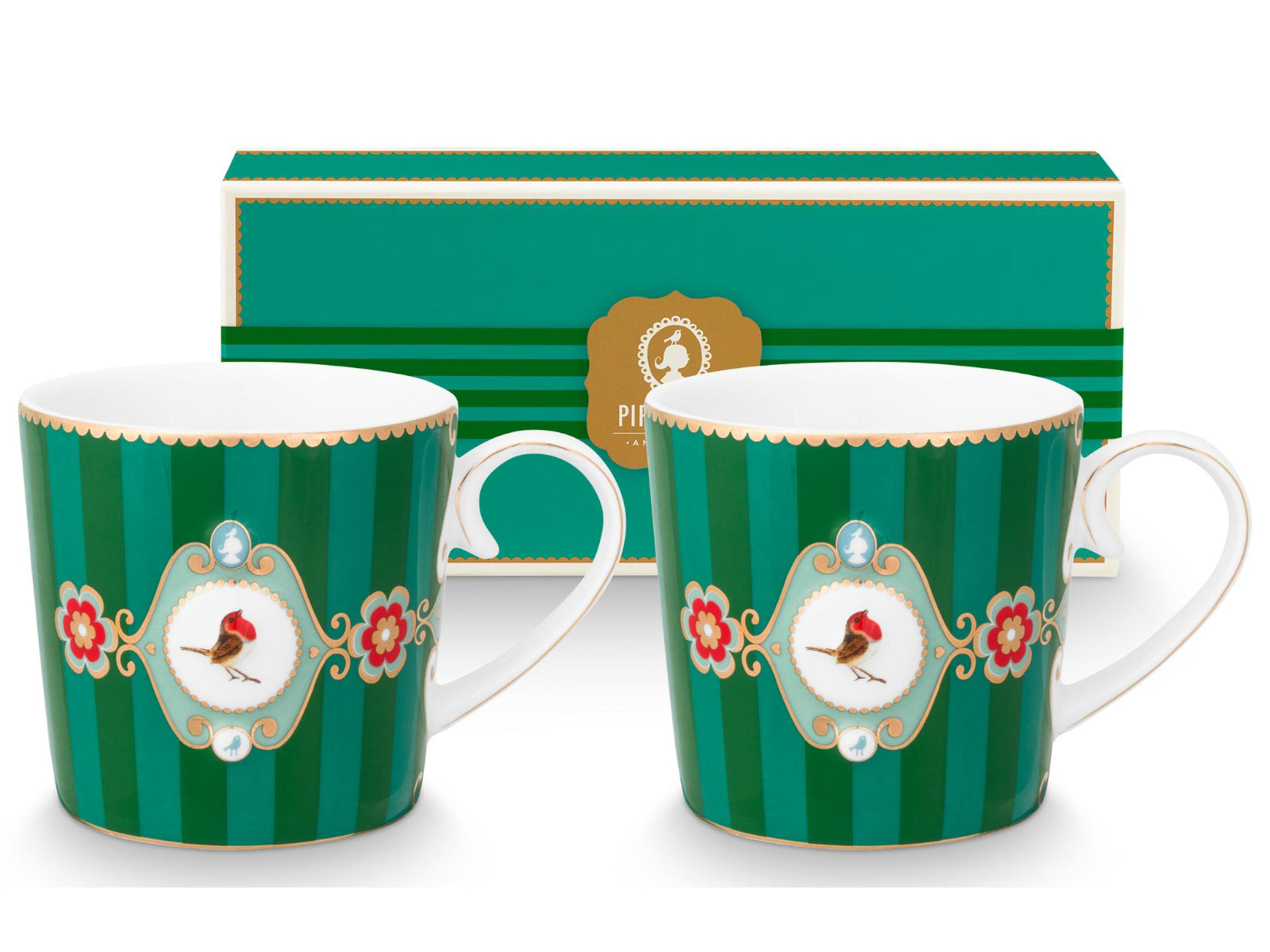 PIP STUDIO Love Birds Medallion Stripes Emerald-Green Henkelbecher Small 0,15l Set2