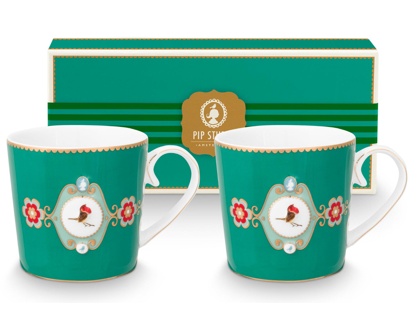 PIP STUDIO Love Birds Medallion Emerald Henkelbecher Large 0,25l Set2