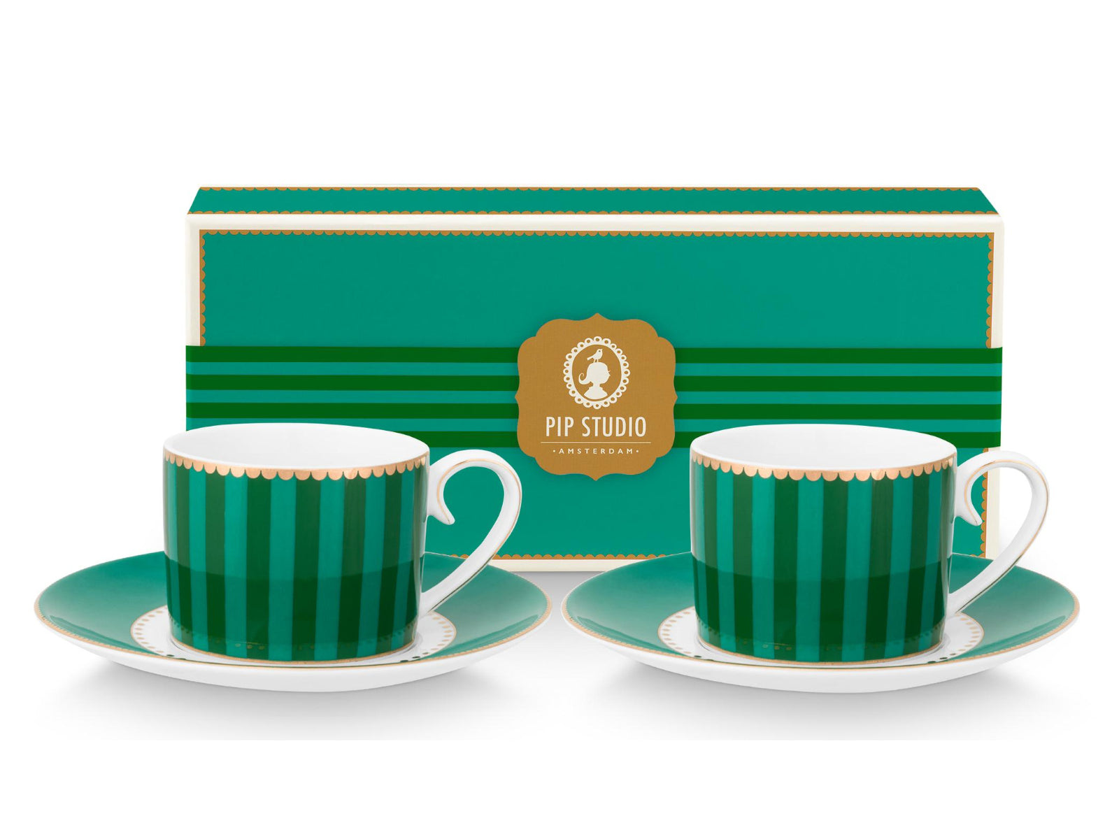 PIP STUDIO Love Birds Stripes Emerald-Green Espressotasse mit Untertasse 0,125l Set2